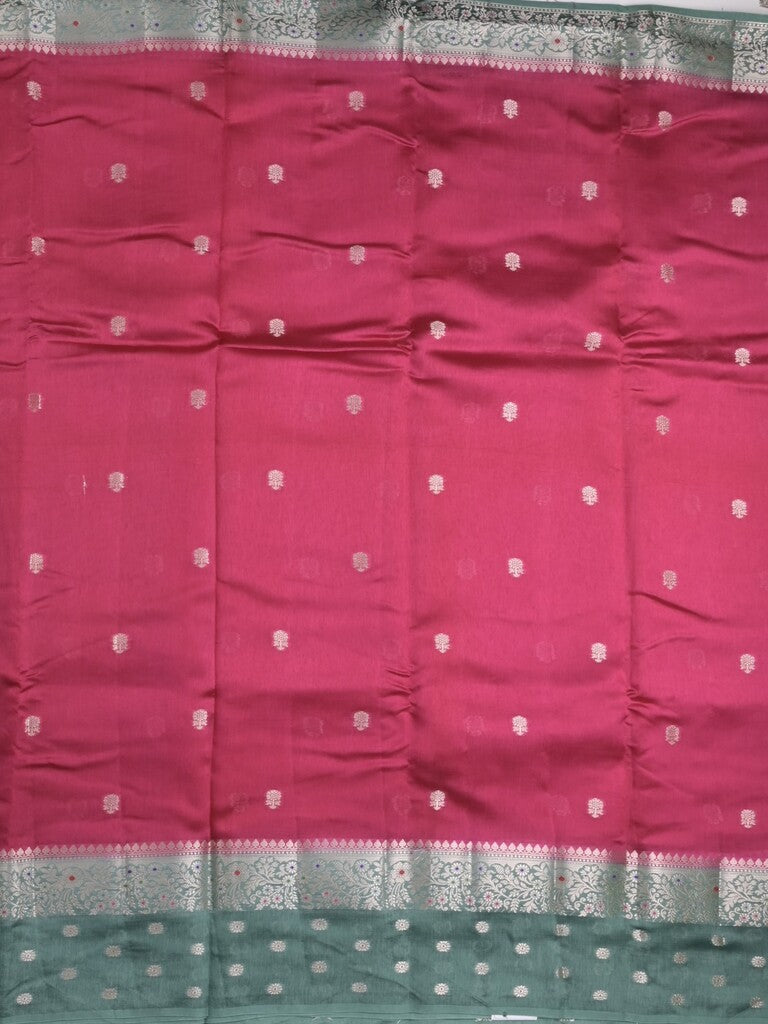 Raw mango fancy saree cherry red color allover zari weaves & zari border with short pallu and contrast blouse