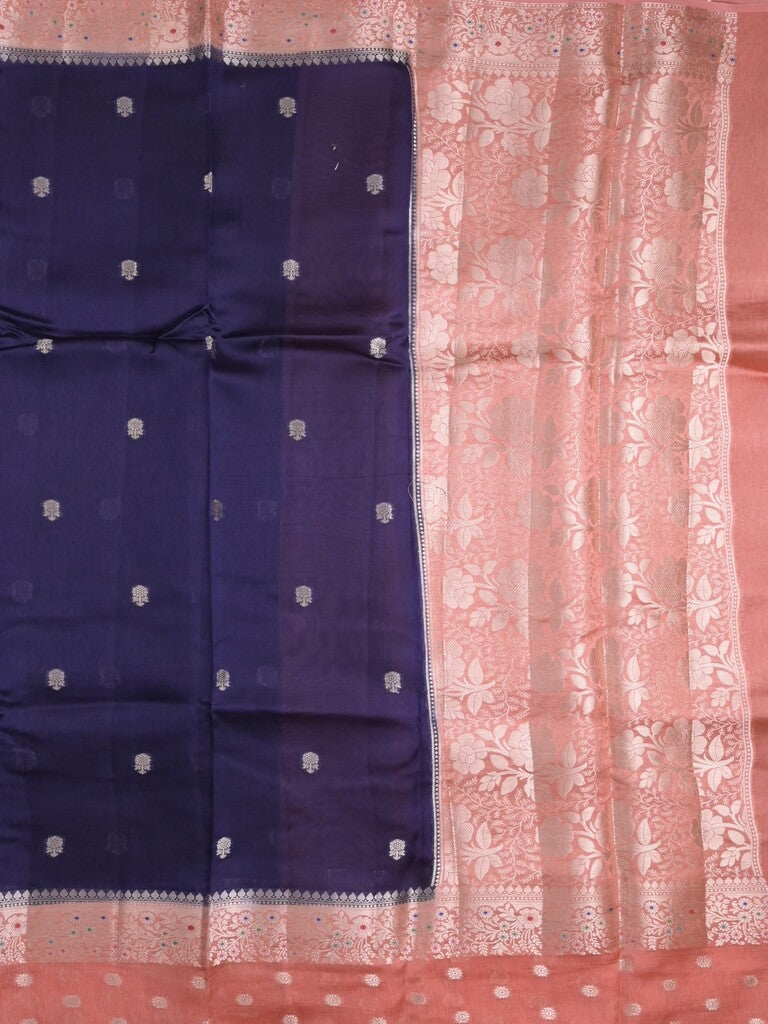 Raw mango fancy saree royal blue color allover zari weaves & zari border with short pallu and contrast blouse