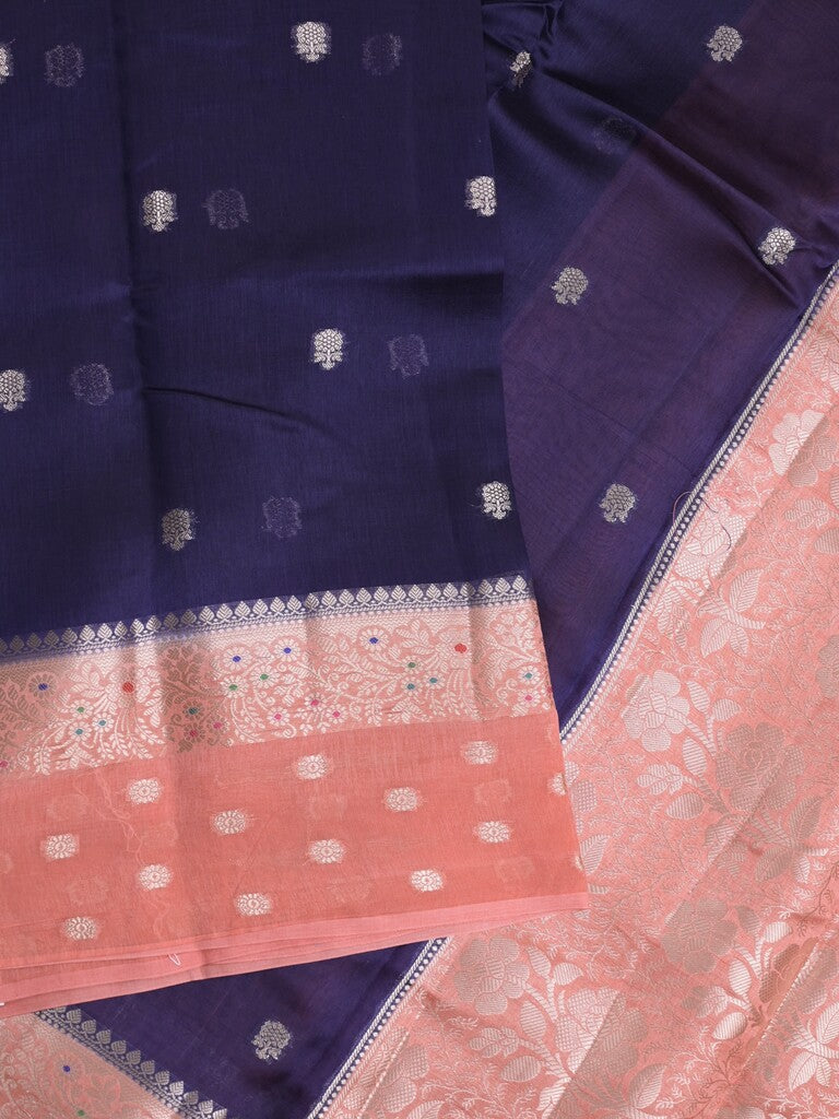 Raw mango fancy saree royal blue color allover zari weaves & zari border with short pallu and contrast blouse