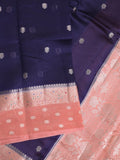 Raw mango fancy saree royal blue color allover zari weaves & zari border with short pallu and contrast blouse