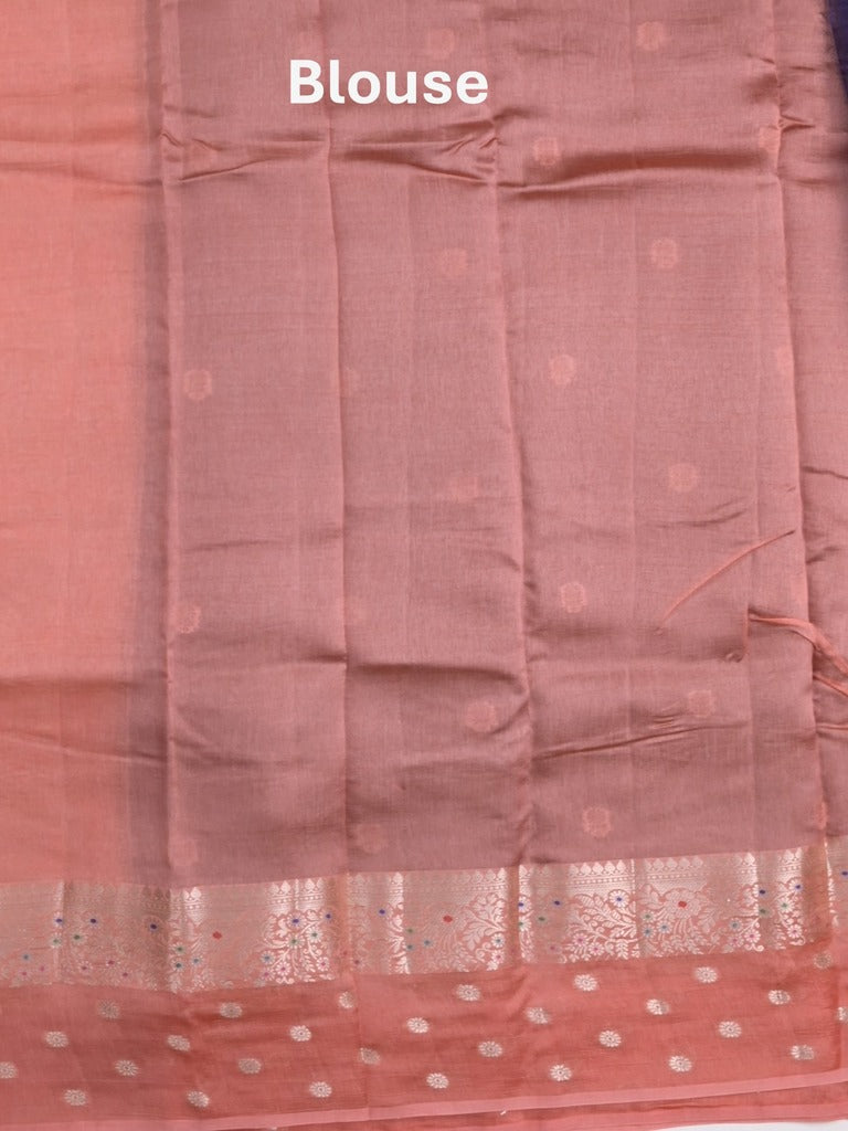 Raw mango fancy saree royal blue color allover zari weaves & zari border with short pallu and contrast blouse
