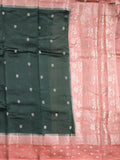 Raw mango fancy saree bottle green color allover zari weaves & zari border with short pallu and contrast blouse