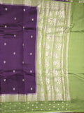 Raw mango fancy saree violet color allover zari weaves & zari border with short pallu and contrast blouse
