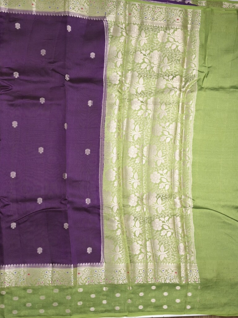 Raw mango fancy saree violet color allover zari weaves & zari border with short pallu and contrast blouse