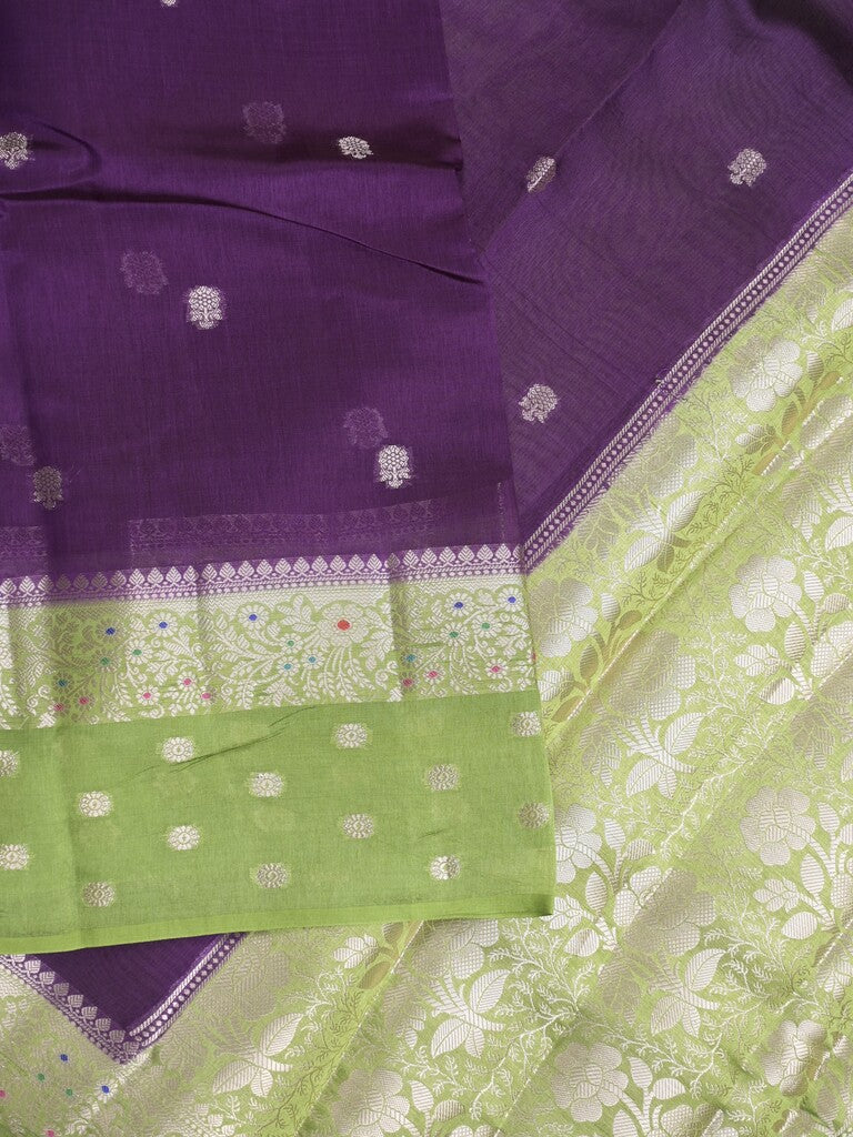 Raw mango fancy saree violet color allover zari weaves & zari border with short pallu and contrast blouse
