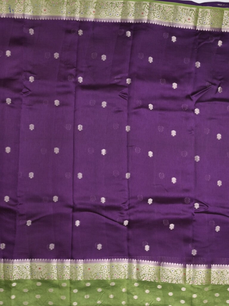 Raw mango fancy saree violet color allover zari weaves & zari border with short pallu and contrast blouse