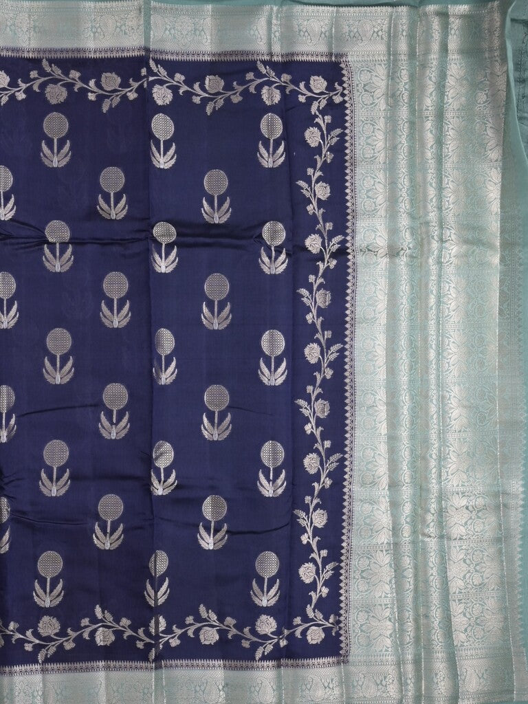 Raw mango fancy saree navy blue color allover zari weaves & zari border with short pallu and contrast blouse