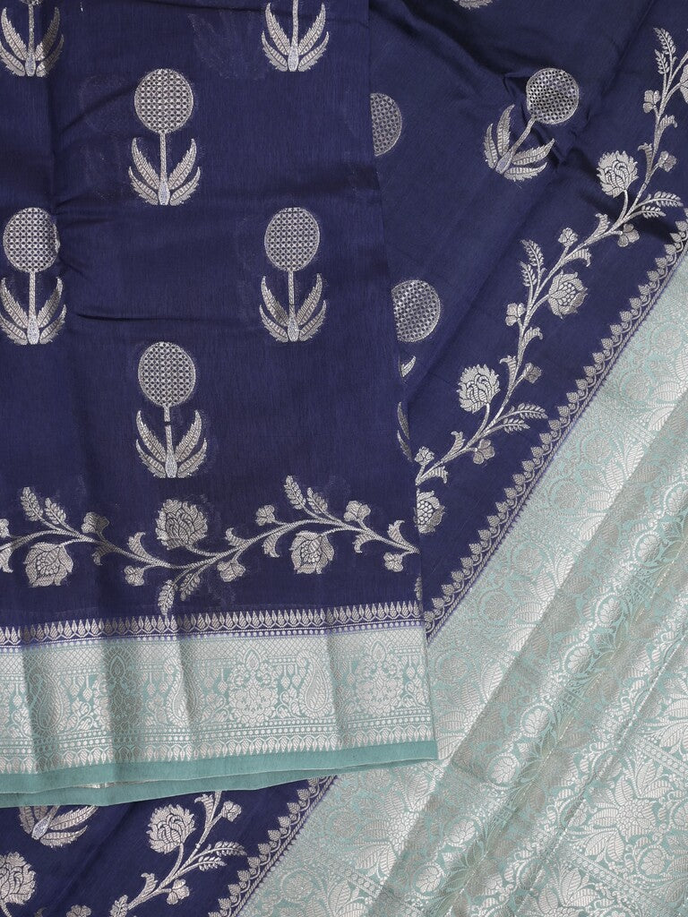 Raw mango fancy saree navy blue color allover zari weaves & zari border with short pallu and contrast blouse