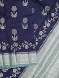 Raw mango fancy saree navy blue color allover zari weaves & zari border with short pallu and contrast blouse