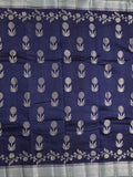 Raw mango fancy saree navy blue color allover zari weaves & zari border with short pallu and contrast blouse