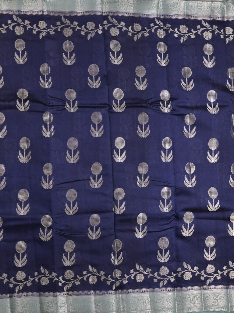 Raw mango fancy saree navy blue color allover zari weaves & zari border with short pallu and contrast blouse