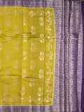 Raw mango fancy saree golden yellow color allover zari weaves & zari border with short pallu and contrast blouse