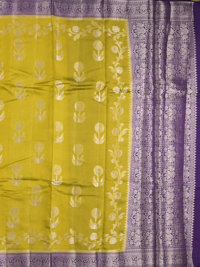 Raw mango fancy saree golden yellow color allover zari weaves & zari border with short pallu and contrast blouse