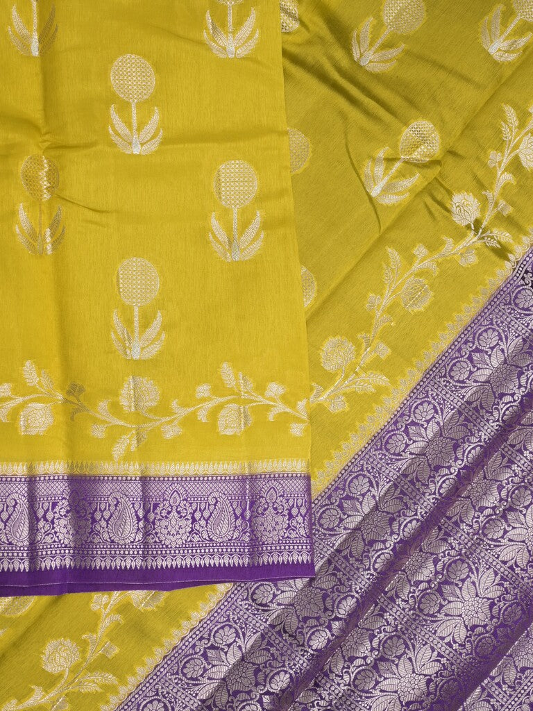 Raw mango fancy saree golden yellow color allover zari weaves & zari border with short pallu and contrast blouse