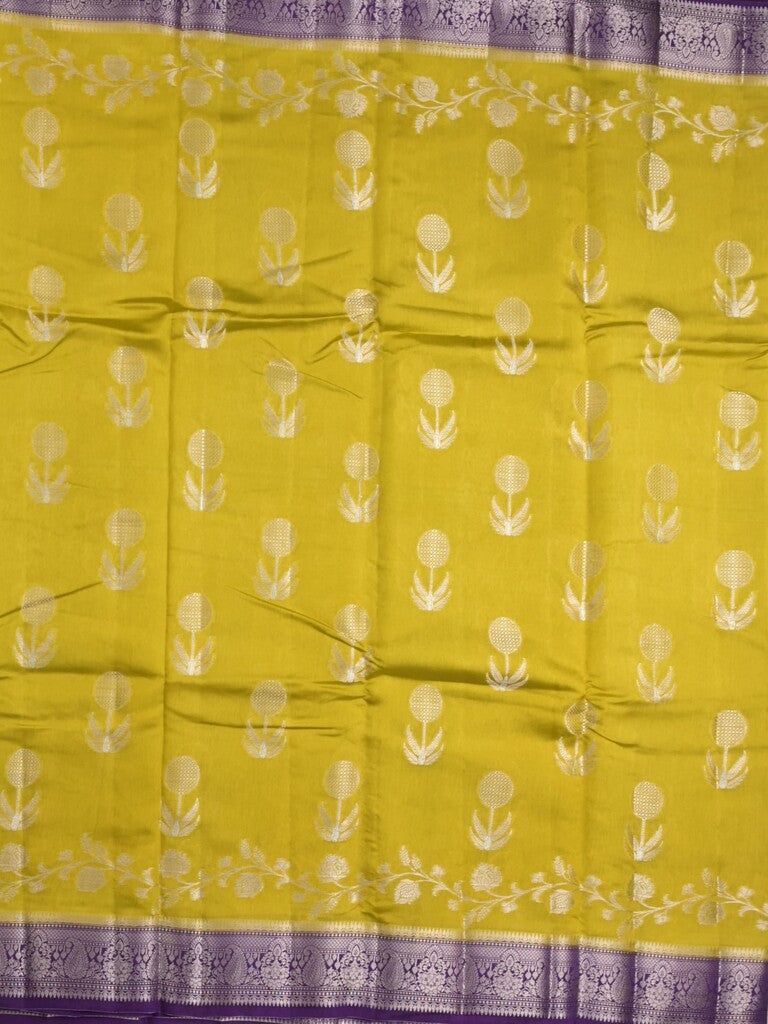Raw mango fancy saree golden yellow color allover zari weaves & zari border with short pallu and contrast blouse