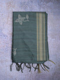 Tussar fancy saree bluish grey color allover prints & plain gold border with printed pallu and self blouse