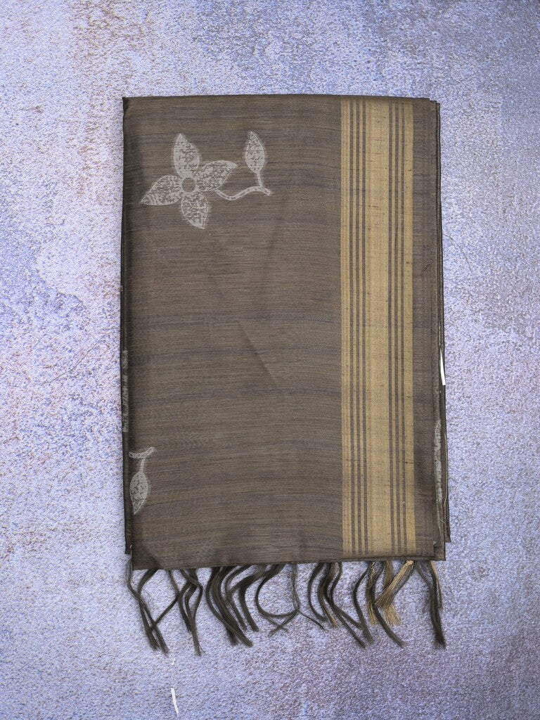Tussar fancy saree snuff color allover prints & plain gold border with printed pallu and self blouse