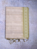 Tussar fancy saree light grey color allover motifs & weaving border with contrast pallu and attached blouse