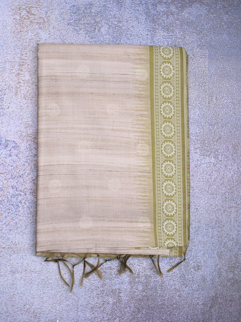 Tussar fancy saree light grey color allover motifs & weaving border with contrast pallu and attached blouse