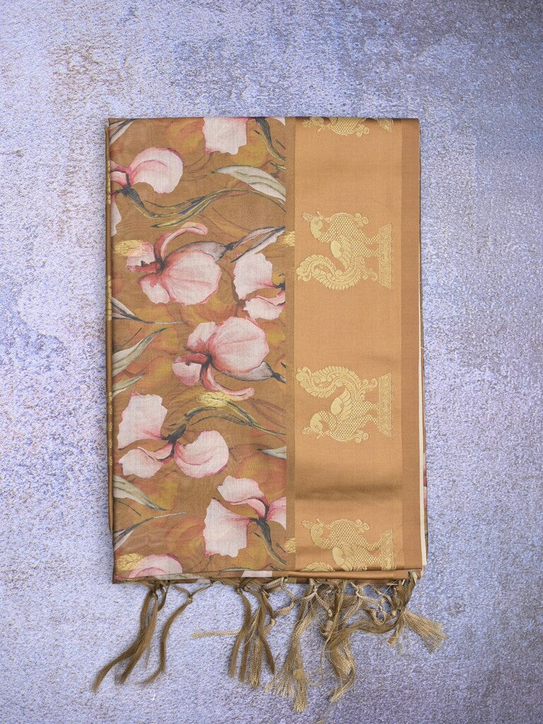 Tussar fancy saree mustard yellow color allover prints & weaving border with zari pallu and attached blouse