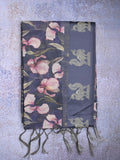 Tussar fancy saree navy blue color allover prints & weaving border with zari pallu and attached blouse