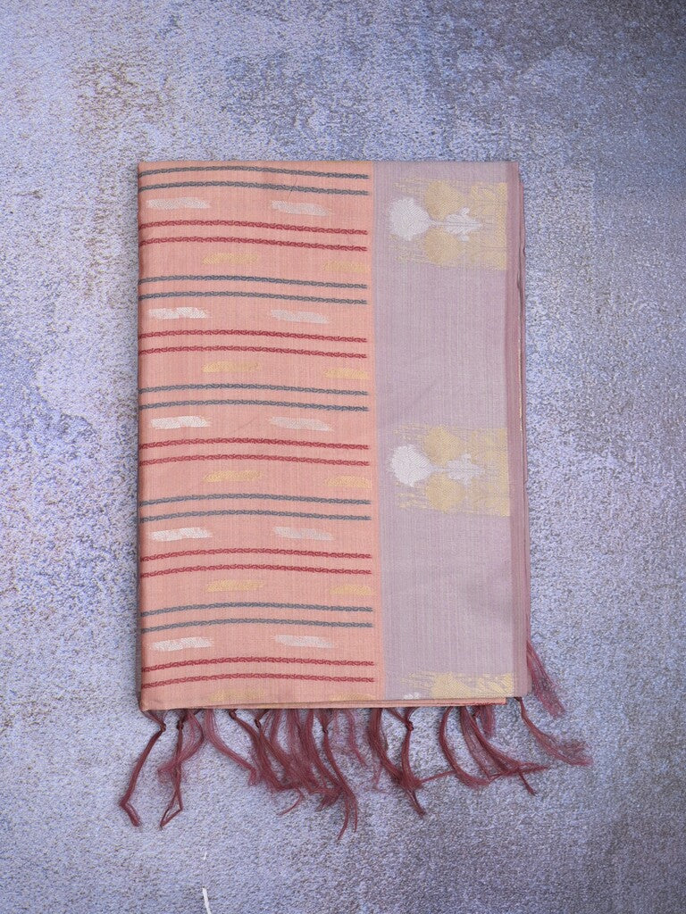 Tussar fancy saree peach color allover weaves & contrast border with zari pallu and contrast blouse