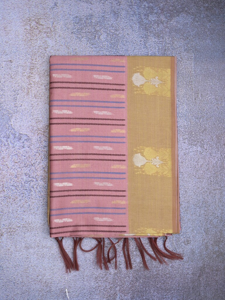 Tussar fancy saree pinkish purple color allover weaves & contrast border with zari pallu and contrast blouse