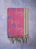 Tussar fancy saree pink color allover floral design & small border with contrast pallu and attached printed blouse