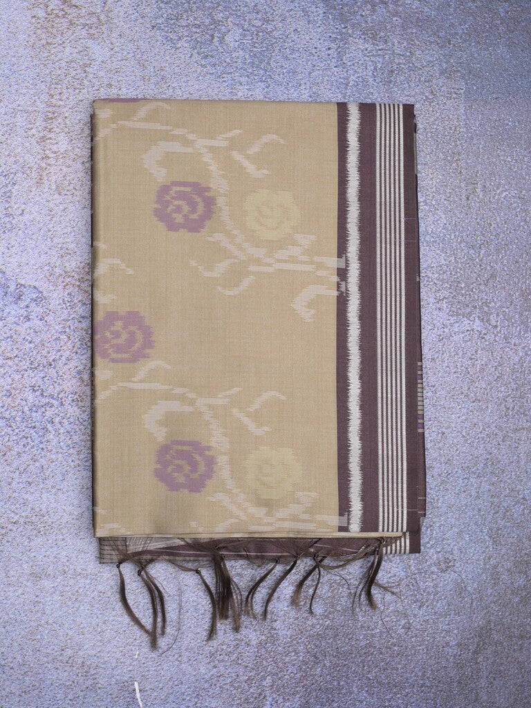 Tussar fancy saree light beige color allover floral design & small border with contrast pallu and attached printed blouse
