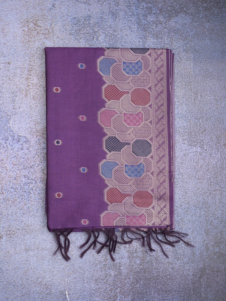 Banaras fancy saree purple color allover zari weaves & zari border with rich pallu and attached blouse