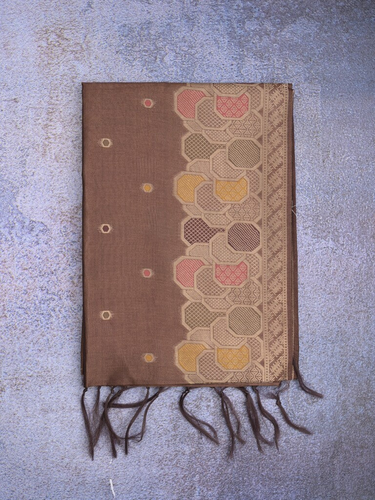 Banaras fancy saree brown color allover zari weaves & zari border with rich pallu and attached blouse