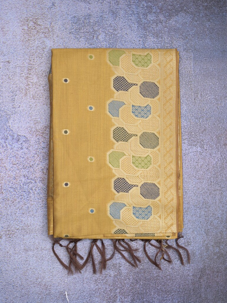 Banaras fancy saree mustard yellow color allover zari weaves & zari border with rich pallu and attached blouse