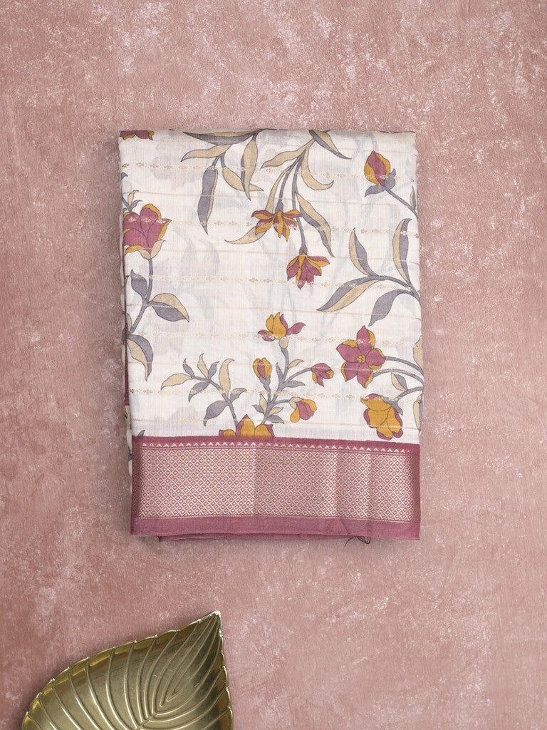 Maheshwari fancy saree white color allover prints & zari border with short zari pallu and contrast blouse