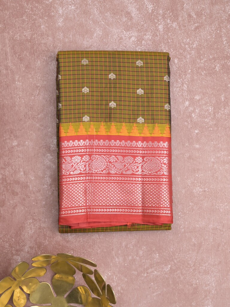 Gadwal pattu saree greenish brown color allover zari motifs & kanchi border with rich pallu and contrast plain blouse