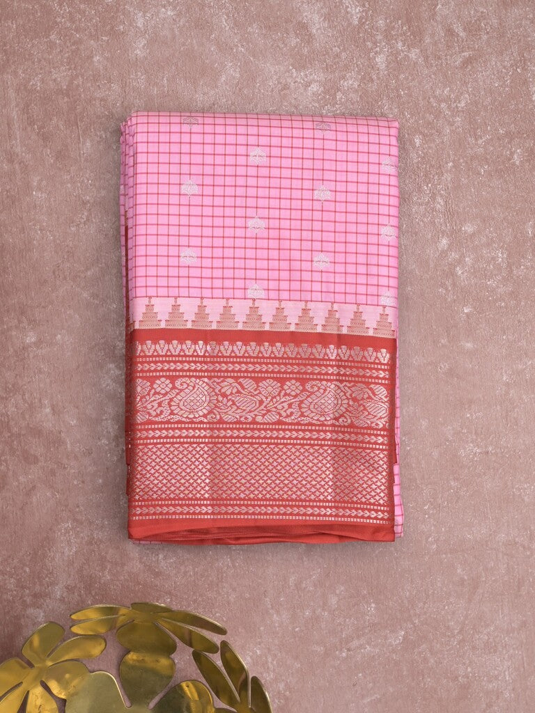 Gadwal pattu saree baby pink color allover zari motifs & kanchi border with rich pallu and contrast plain blouse