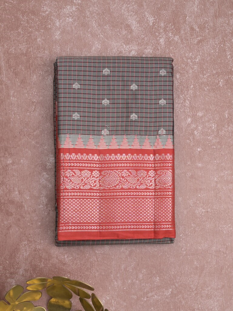 Gadwal pattu saree grey color allover zari motifs & kanchi border with rich pallu and contrast plain blouse