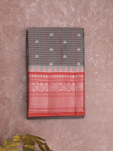 Gadwal pattu saree grey color allover zari motifs & kanchi border with rich pallu and contrast plain blouse