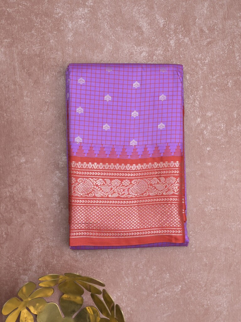 Gadwal pattu saree purple color allover zari motifs & kanchi border with rich pallu and contrast plain blouse