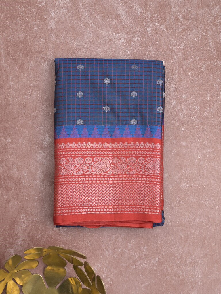 Gadwal pattu saree navy blue color allover zari motifs & kanchi border with rich pallu and contrast plain blouse