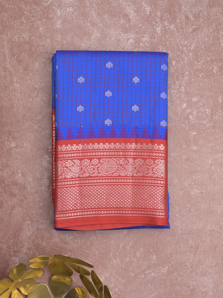 Gadwal pattu saree royal blue color allover zari motifs & kanchi border with rich pallu and contrast plain blouse