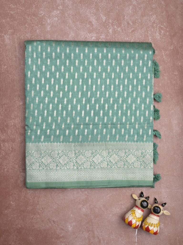 Dupion fancy saree lux green color allover zari motifs & zari border with rich pallu and plain blouse