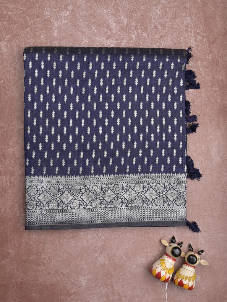Dupion fancy saree navy blue color allover zari motifs & zari border with rich pallu and plain blouse
