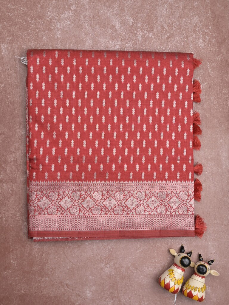Dupion fancy saree red color allover zari motifs & zari border with rich pallu and plain blouse