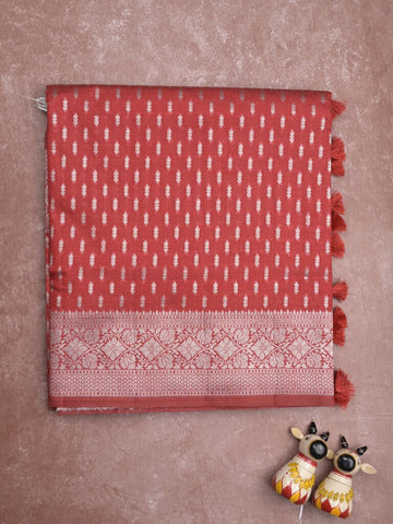 Dupion fancy saree red color allover zari motifs & zari border with rich pallu and plain blouse