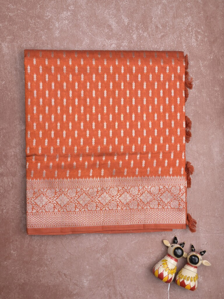 Dupion fancy saree orange color allover zari motifs & zari border with rich pallu and plain blouse