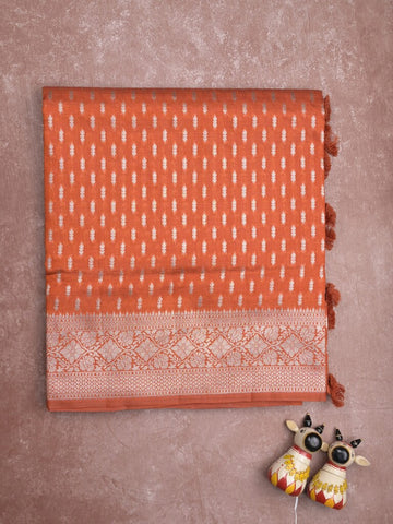 Dupion fancy saree orange color allover zari motifs & zari border with rich pallu and plain blouse