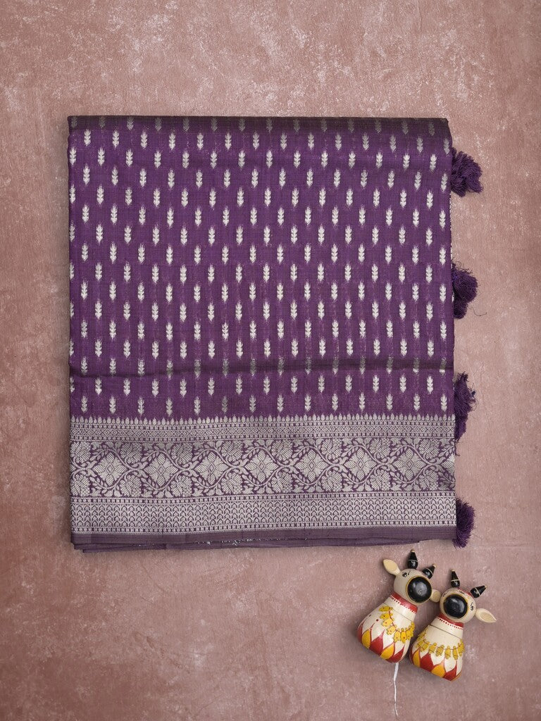 Dupion fancy saree violet color allover zari motifs & zari border with rich pallu and plain blouse