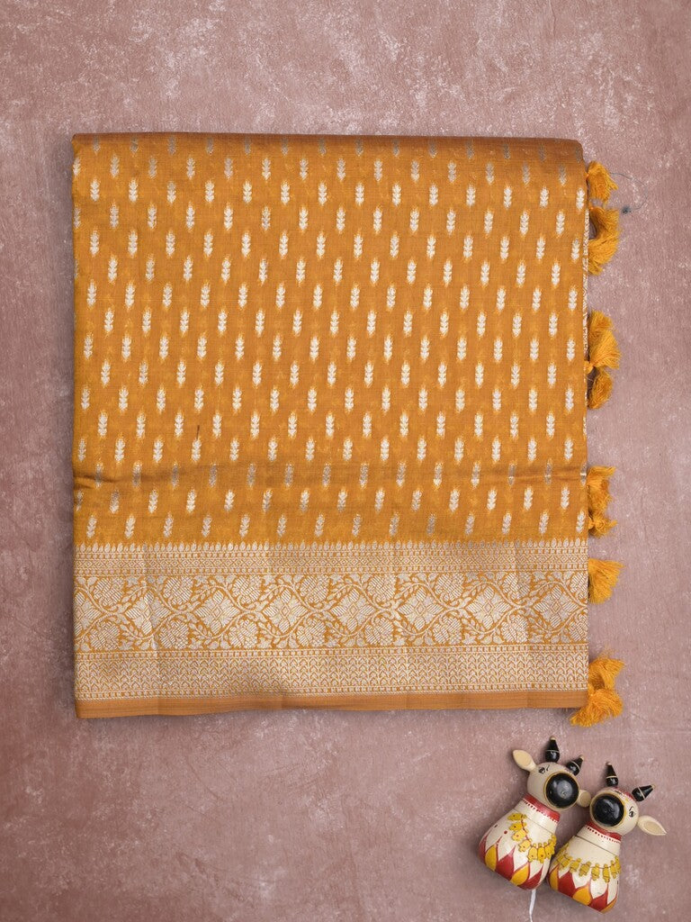 Dupion fancy saree golden yellow color allover zari motifs & zari border with rich pallu and plain blouse