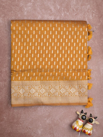 Dupion fancy saree golden yellow color allover zari motifs & zari border with rich pallu and plain blouse
