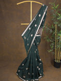 Maheshwari fancy saree in dark green color allover zari motifs & zari border with zari and plain blouse
